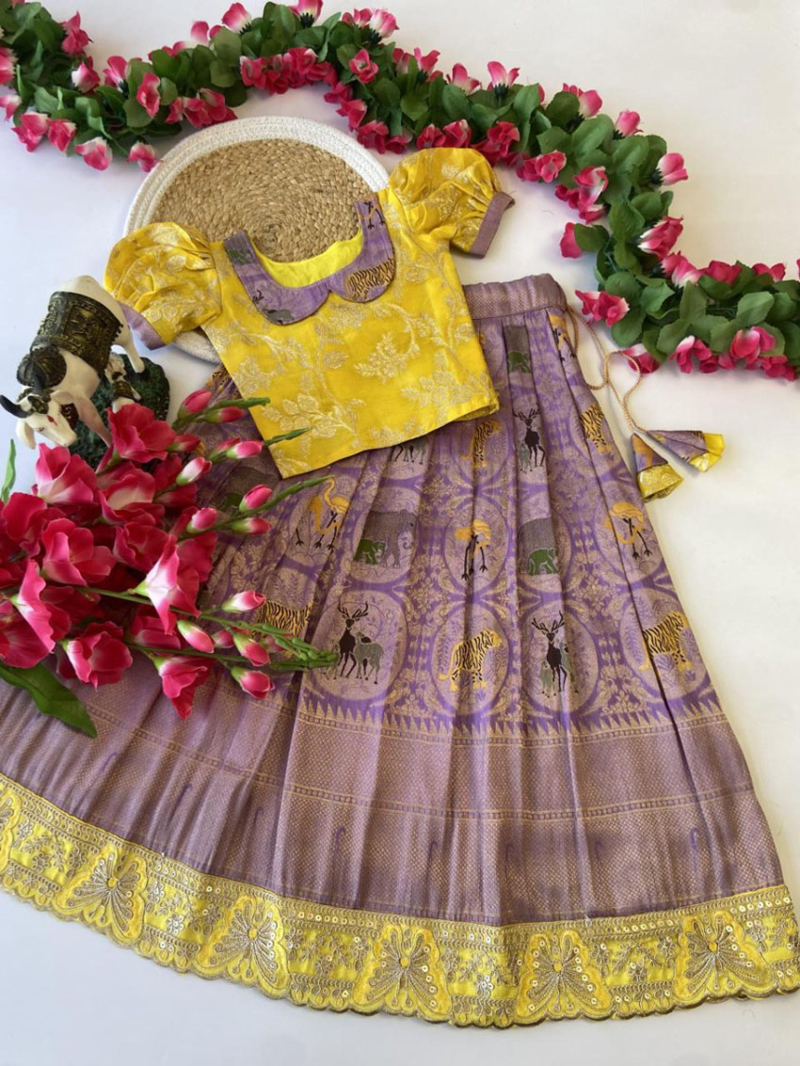 Yellow Heavy Banarasi Silk Kids Lehanga Suit