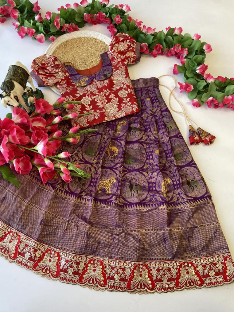 Authentic Purple & Red Heavy Banarasi Silk Kids Lehanga Suit