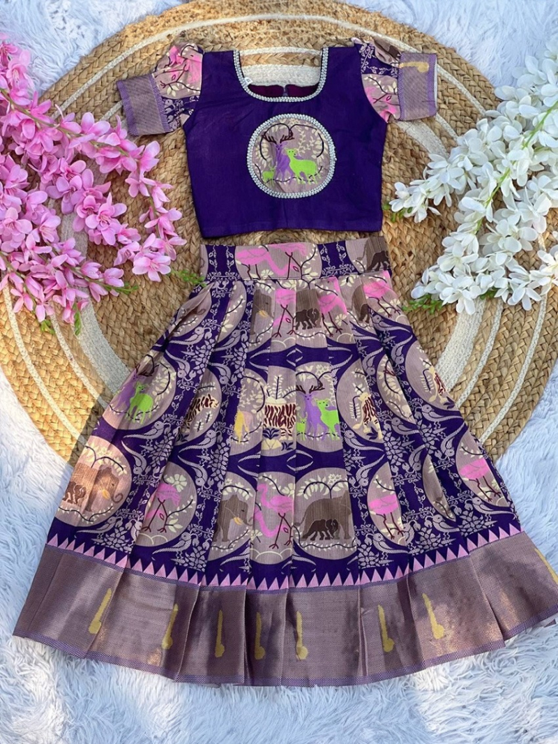 Elegant Pure Cotton Violet Kids Lehanga Choli Set