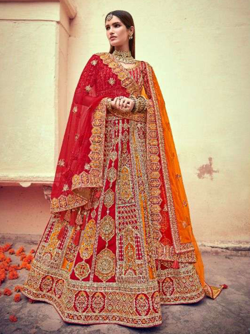 Elegant Ethnic  Royal Red & Orange Bridal Lahanga  Suit