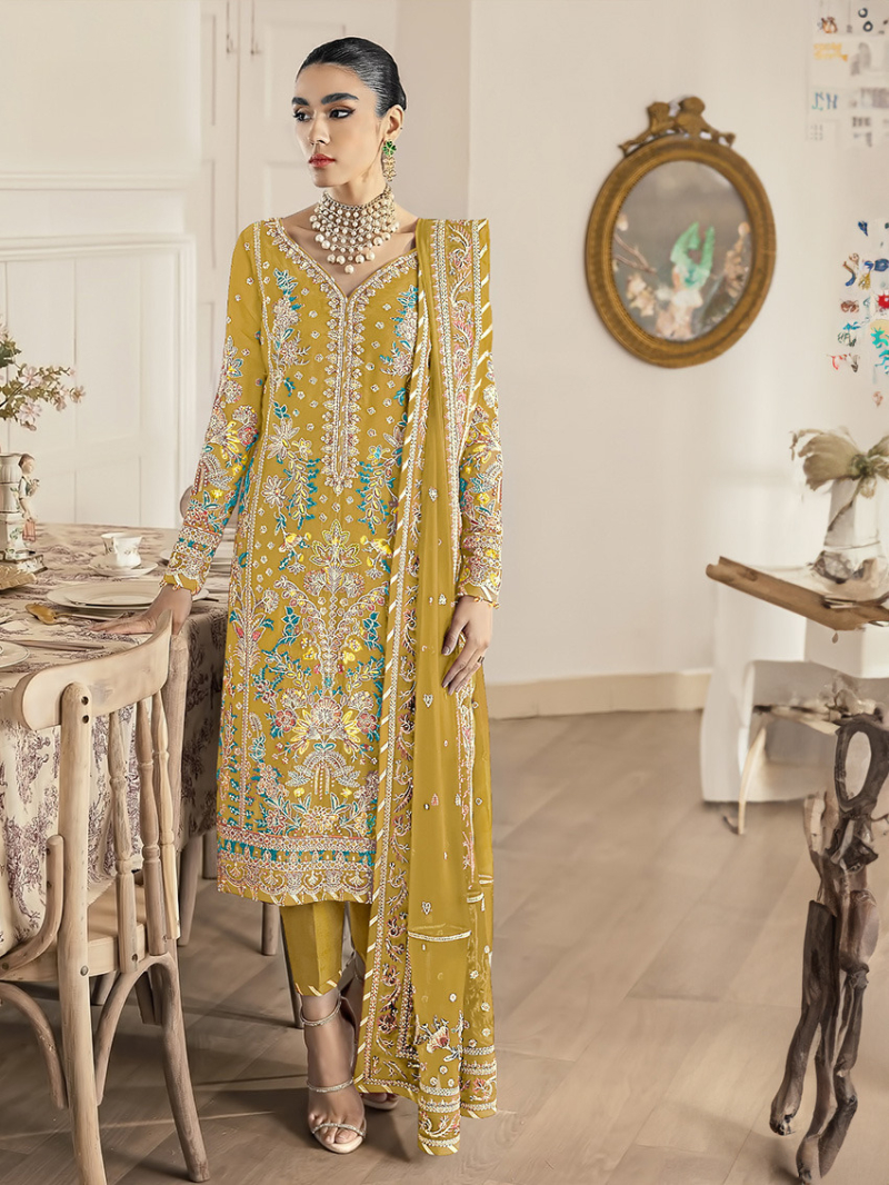 Elegant Festive Mustard Embroidered Straight Suit