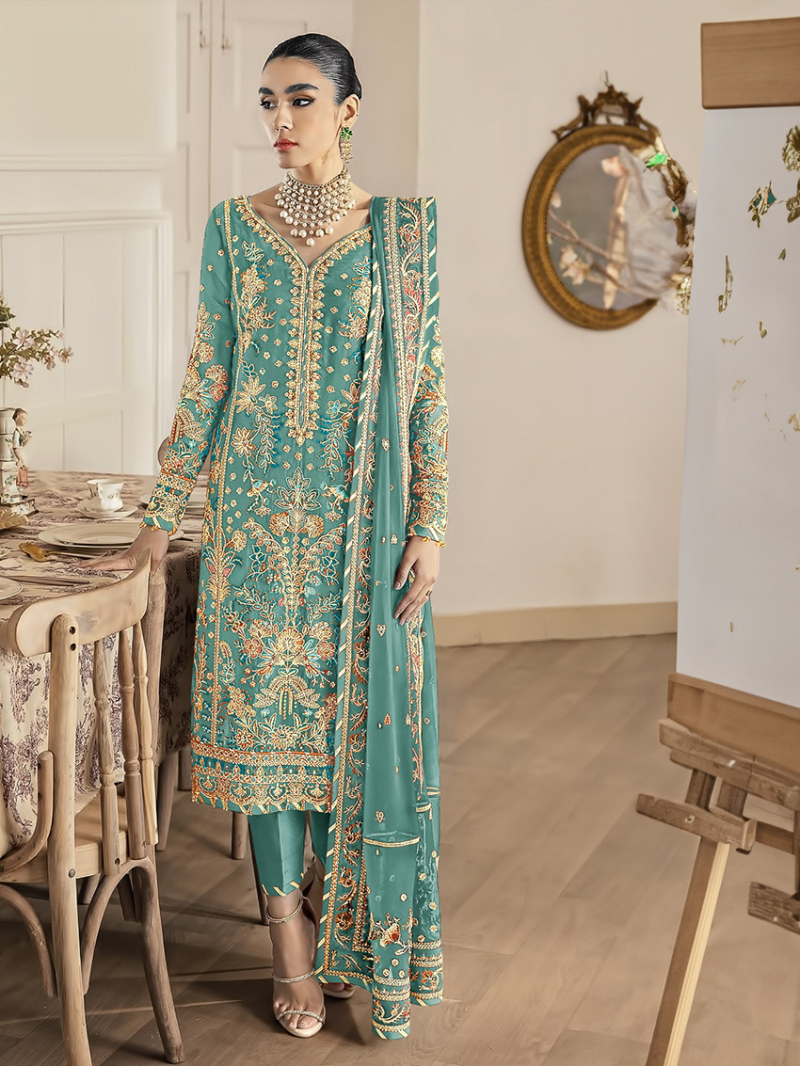Elegant Ethnic Mint Green Embroidered Straight Suit