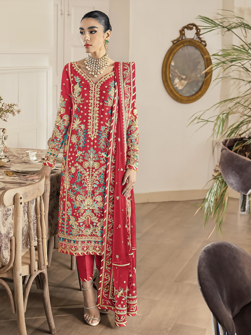 Elegant Festive Red Embroidered Straight Suit 