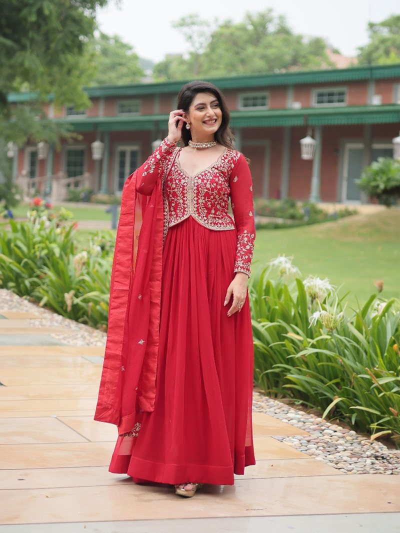 Elegant Ethnic Traditional Red Georgette Anarkali Suit