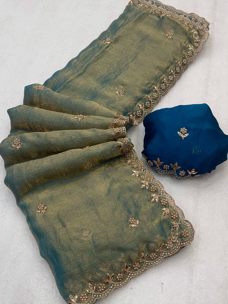 Ethnic Traditional Festive  Sage GreenFendi Satin Saree 