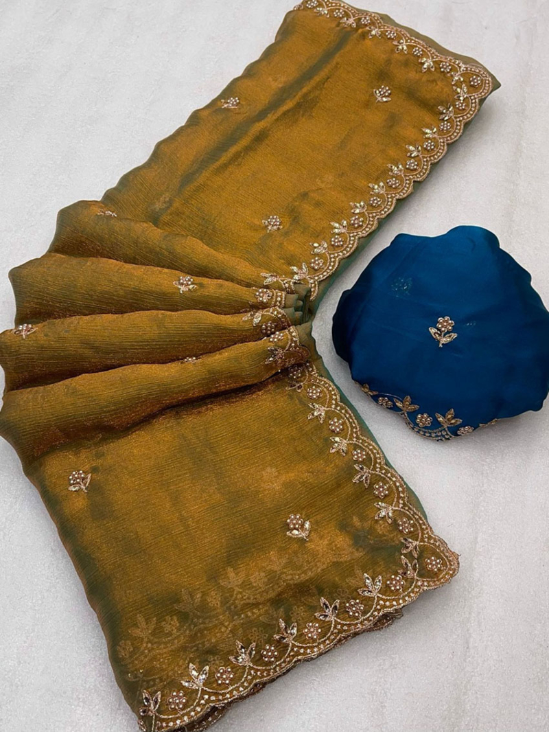 Ethnic Festive Traditional  Copper Gold Fendi Satin Saree