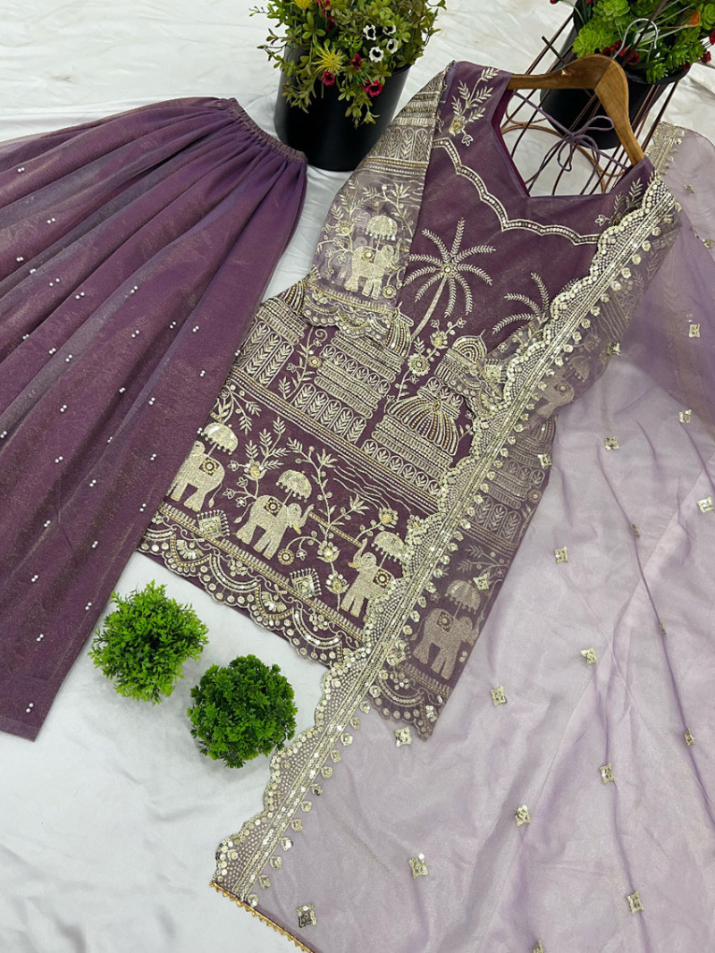 Elegant Ethnic Traditional Purple Net Sharara Suit 