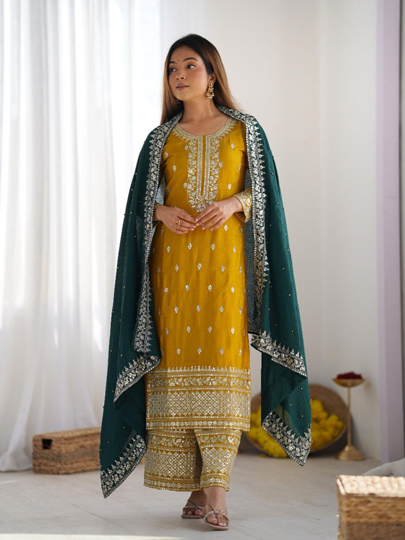 Elegant Ethnic Mustard Chinnon Silk Embroidered Suit Set