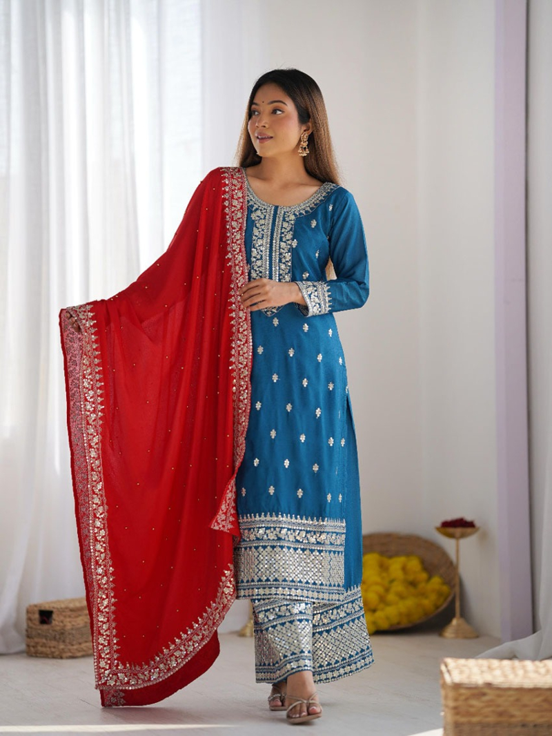  Ethnic Traditional Royal Blue Chinnon Silk Embroidered Suit Set