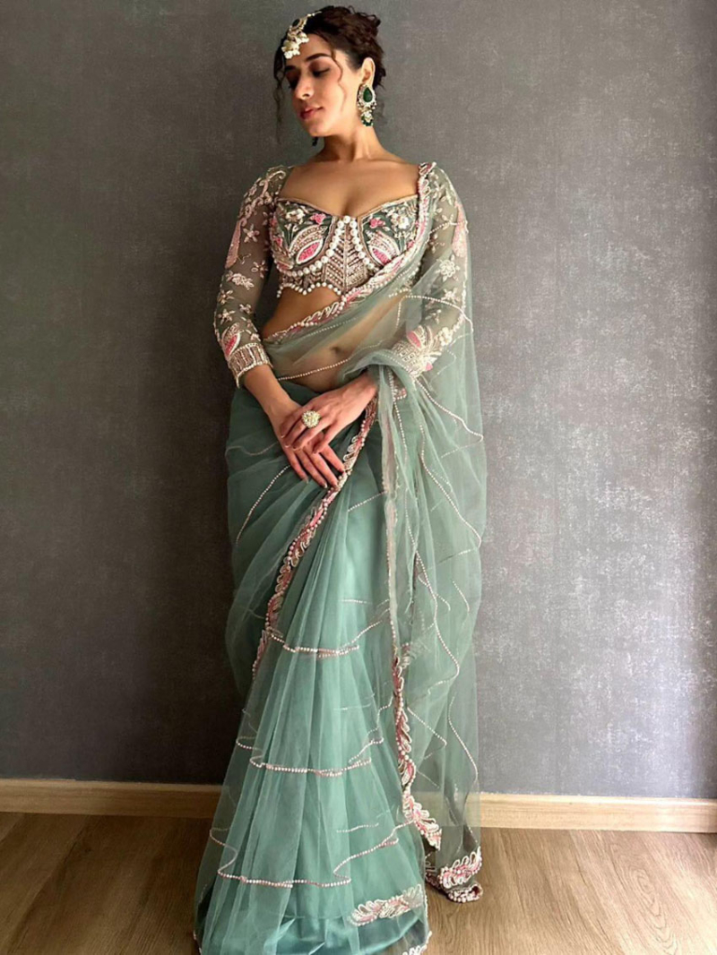 Designer Elegant Ethnic Festive Pista Net Saree