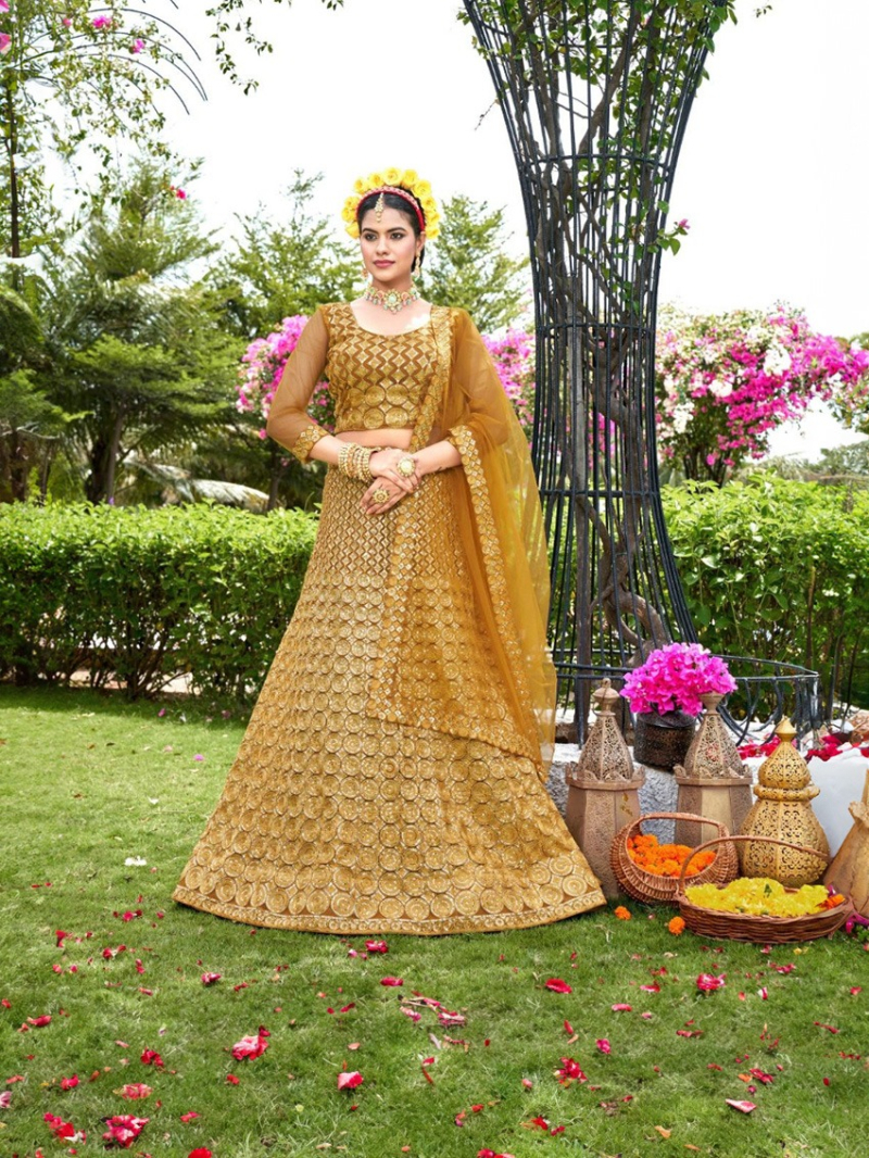 Golden Net Embroidered Lehanga Suit