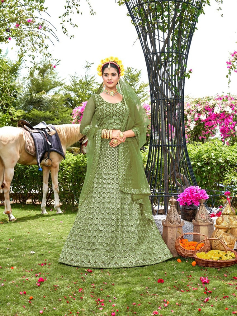 Olive Green Net Embroidered Lehanga Suit
