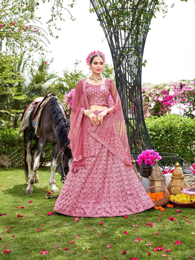 Rose Pink Net Embroidered Lehanga Suit
