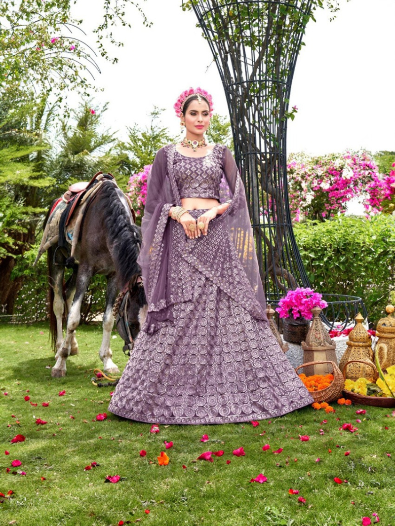 Elegant Purple Net Embroidered Lehanga Suit