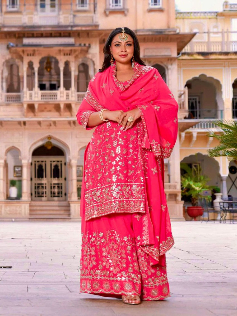 Elegant Hot Pink Embroidered Plazo Suit 