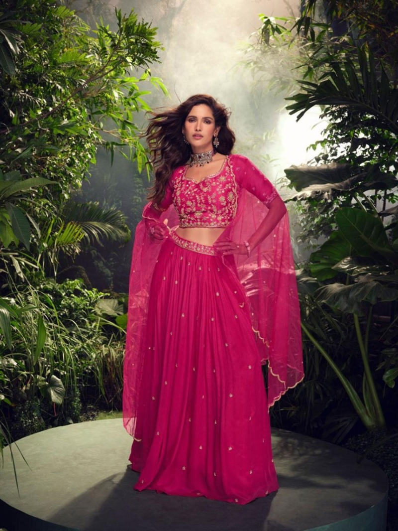 Premium Real Chinnon Silk  Rani PinkLehanga Suit