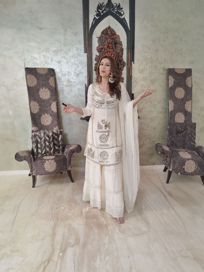 Off White Mirror Work Sharara Suit