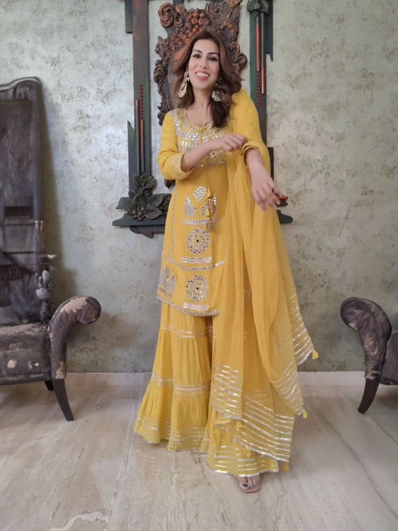 Ethnic Yellow Mirror Work Sharara Suit