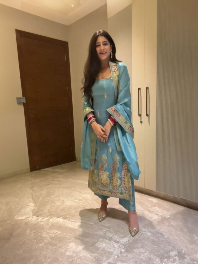 Sky Blue Pure Chinnon Silk Embroidered Suit 