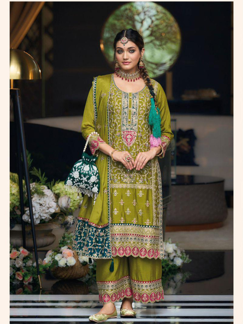 Elegant Ethnic Olive Green Embroidered Chinon Plazzo Suit 