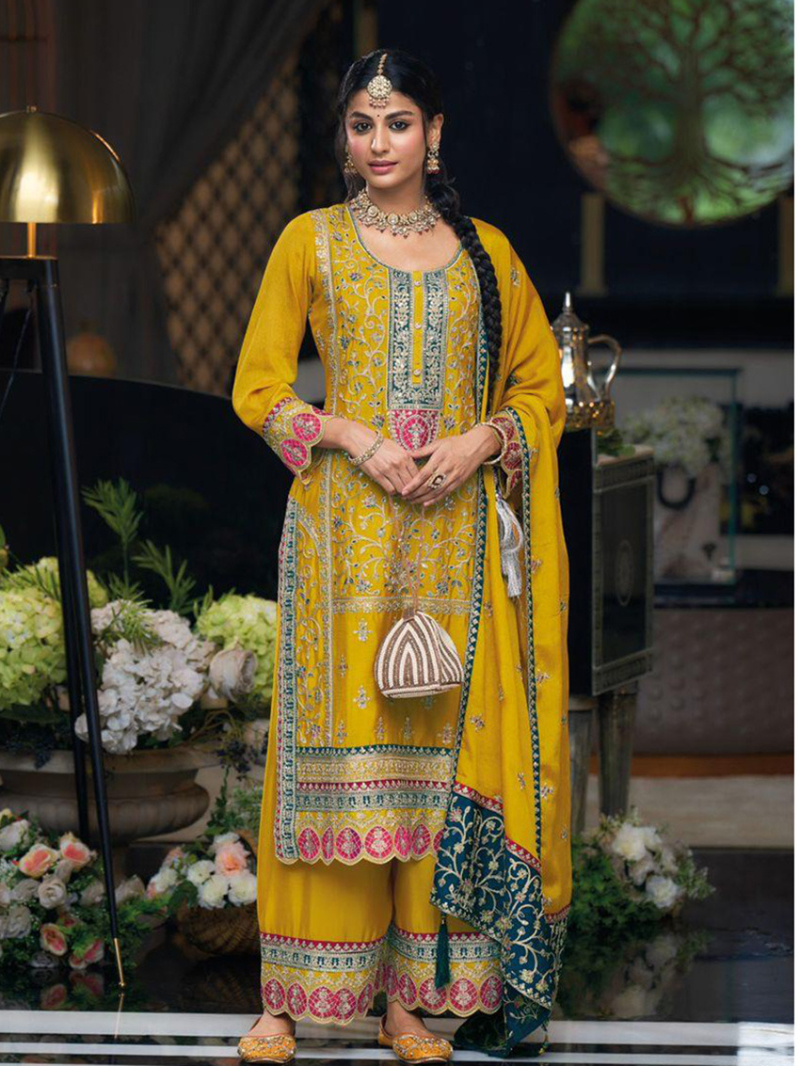 Sunshine Yellow Embroidered Chinon Palazzo Suit