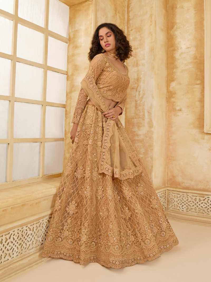 Authentic Elegant Golden Beige Bridal Wear Lehanga Suit