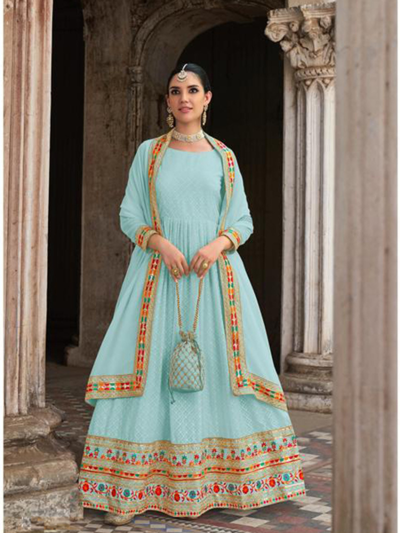 Elegant Ethnic Aqua Blue Georgette Anarkali Suit