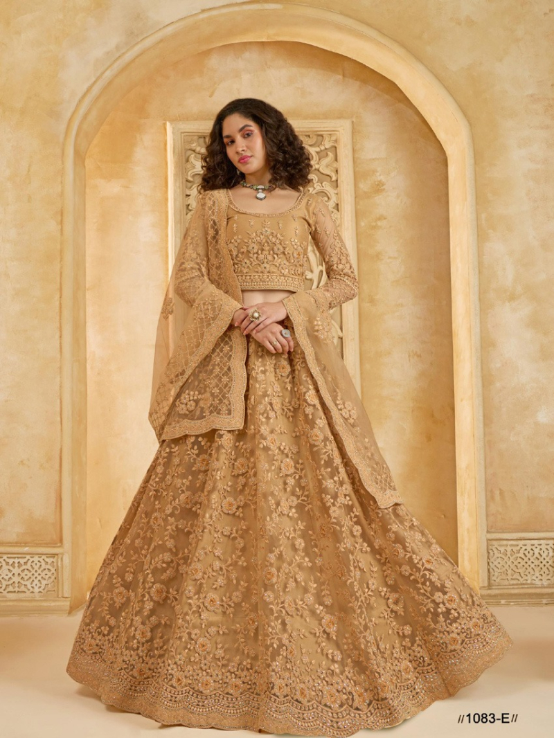 Elegant Ethnic Pure Net Golden Beige Bridal Wear Lehanga Suit