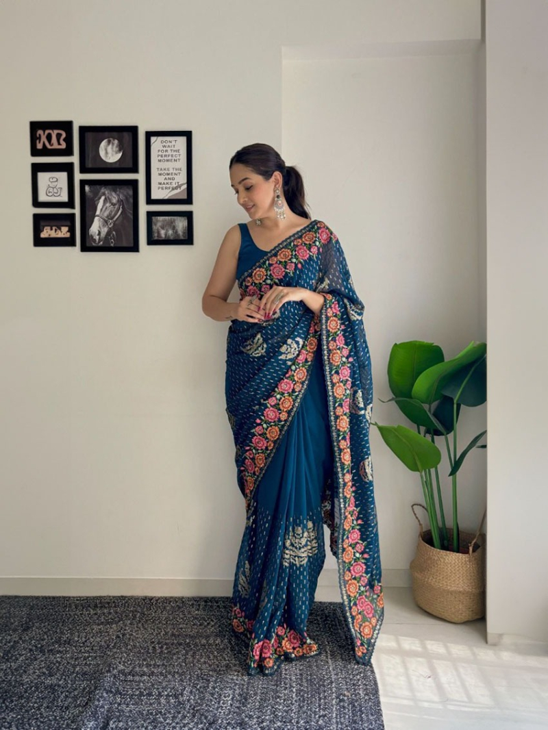 Elegant  Festive Teal Blue Georgette Saree