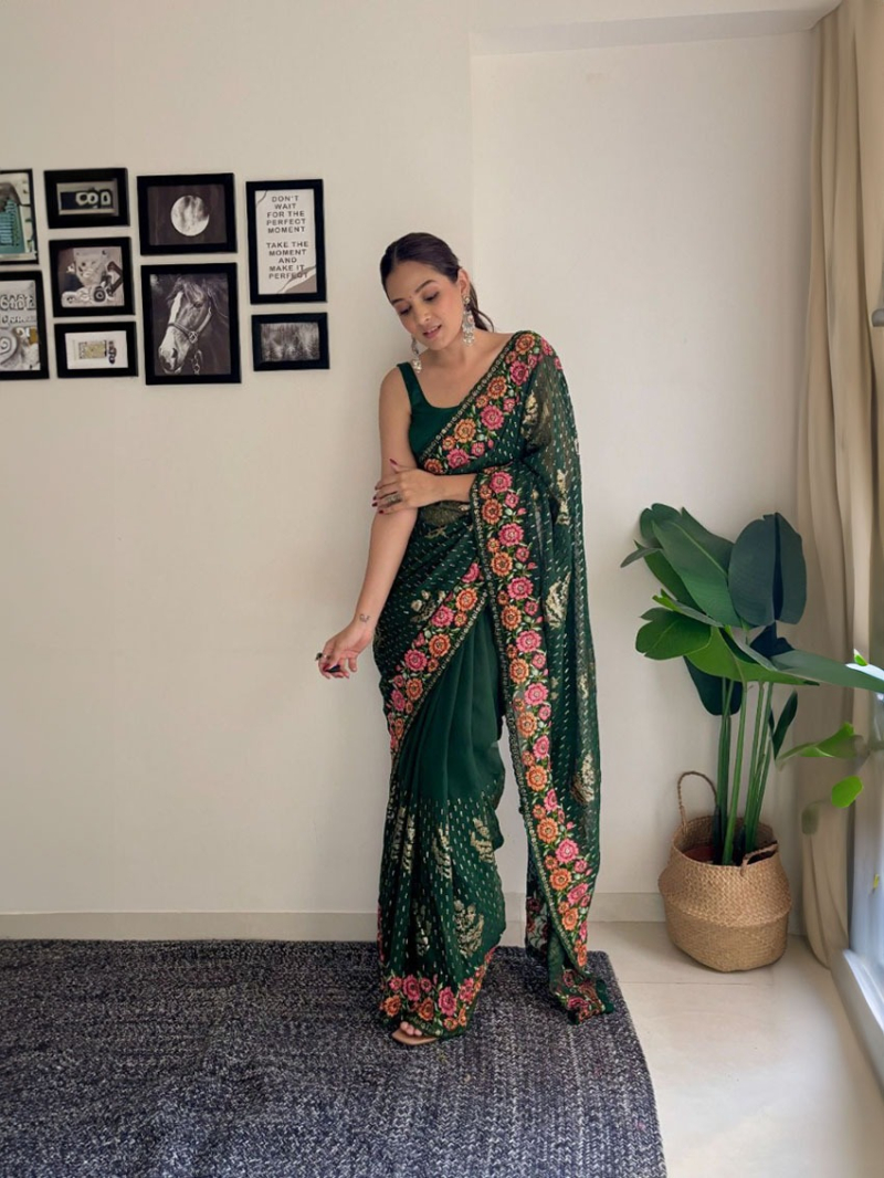 Festive Traditional  Green Georgette Saree 