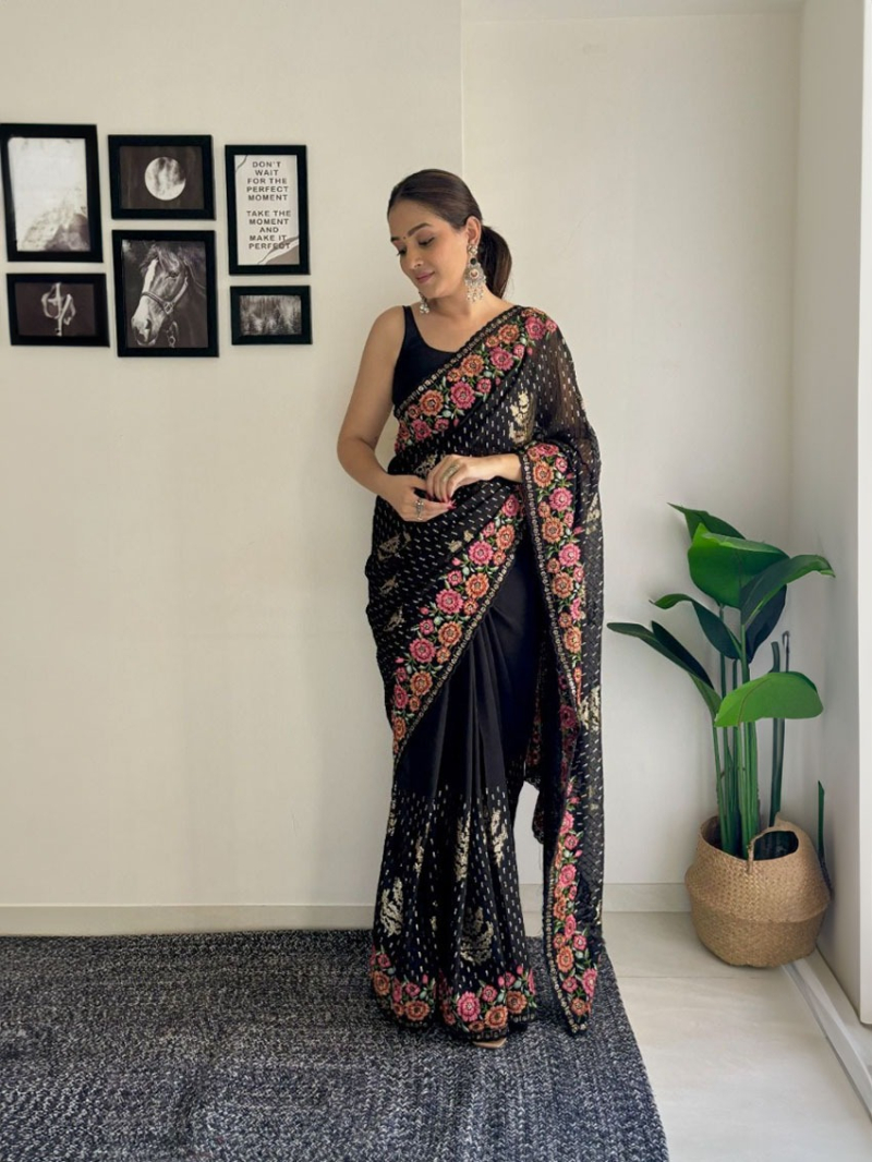 Ethnic Traditional Festive Black Georgette Saree 