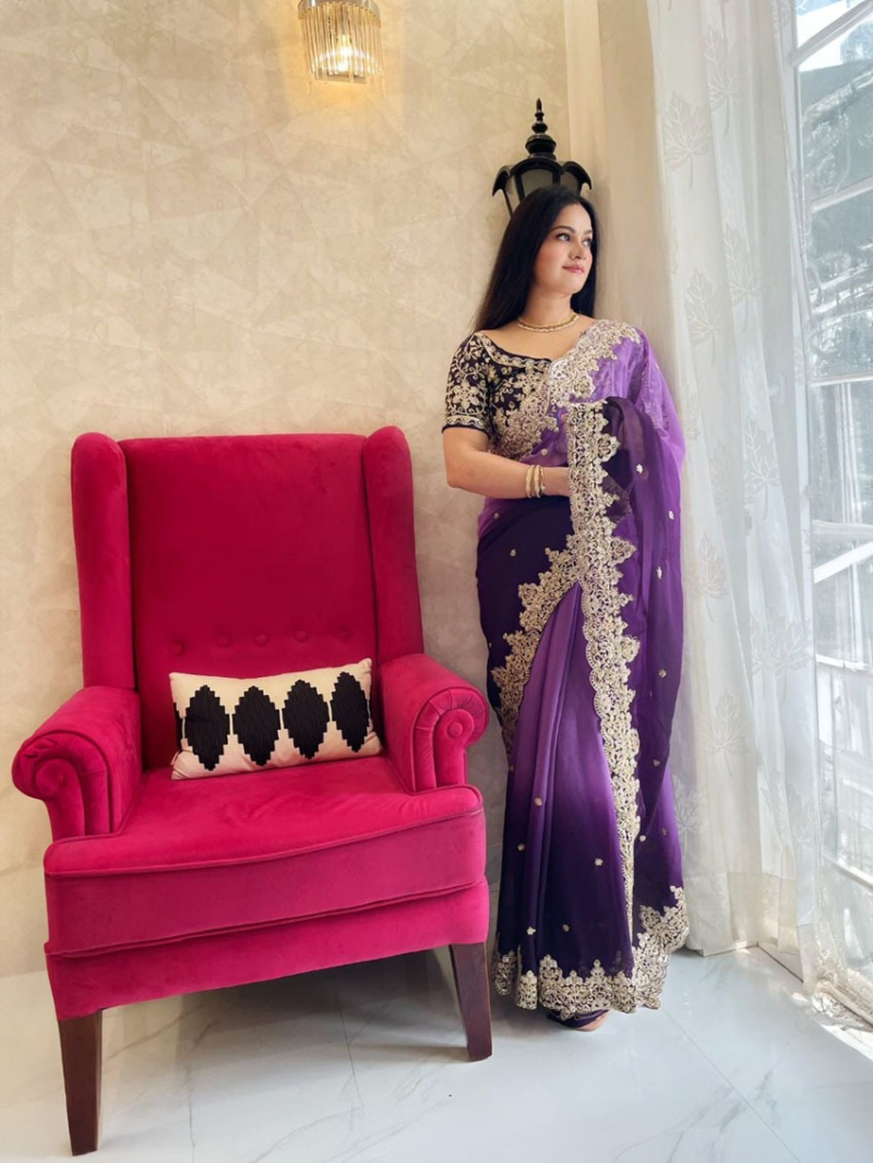 Designer Ethnic Shaded Lavender Faux Georgette Saree