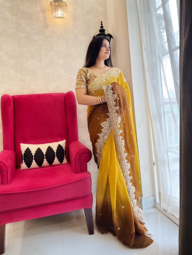 Ethnic Elegant Yellow Shaded Faux Georgette Saree