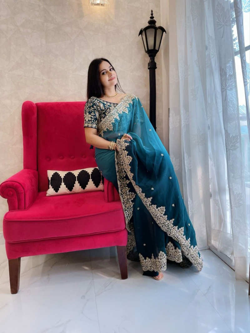 Elegant Ethnic  Shaded  Teal Blue Faux Georgette Saree