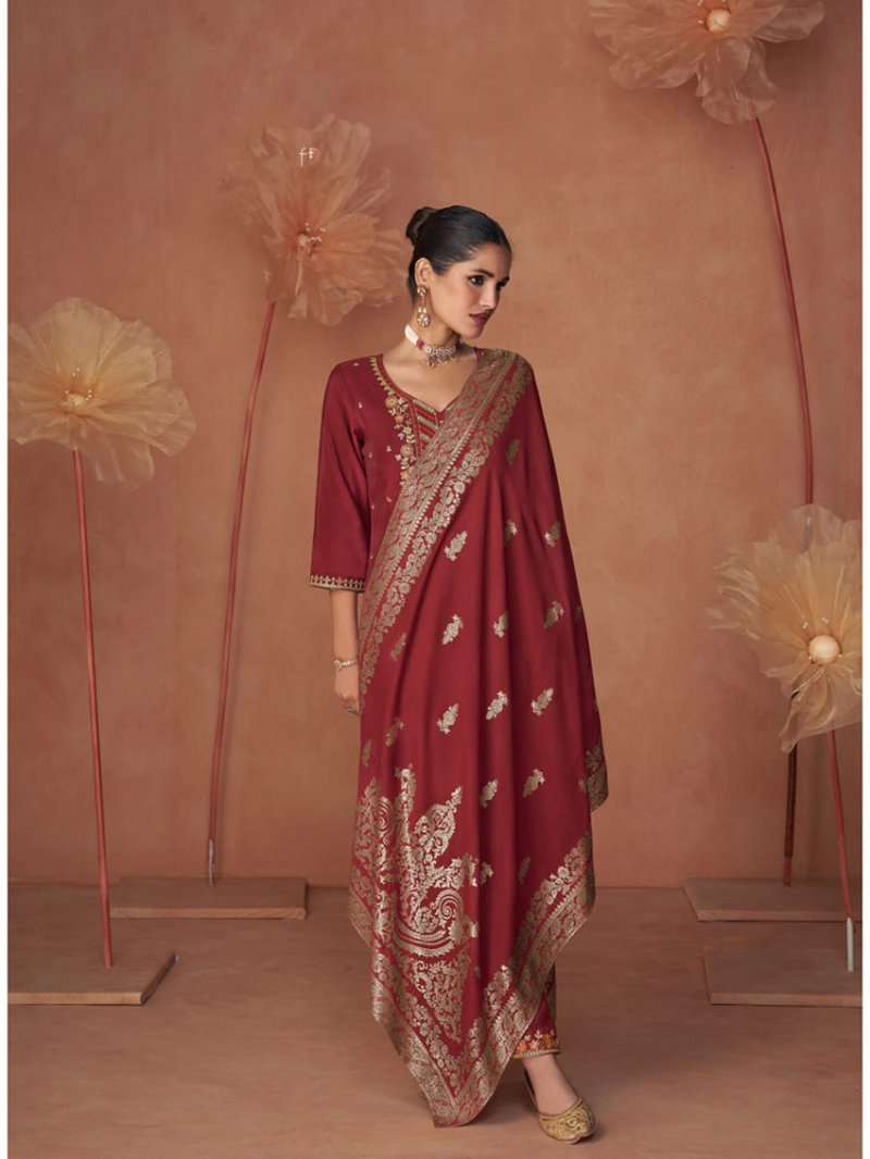 Elegant Maroon Embroidered Stragiht Suit