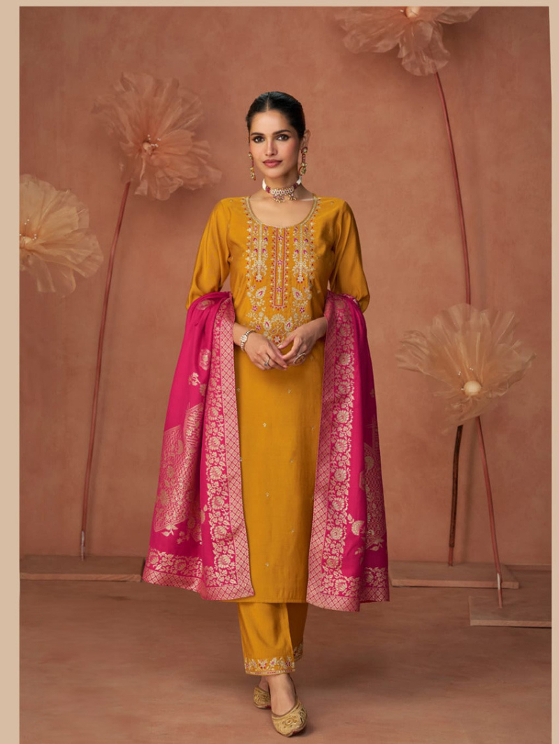 Elegant Ethnic Festive  Mustard  Straight Suit 