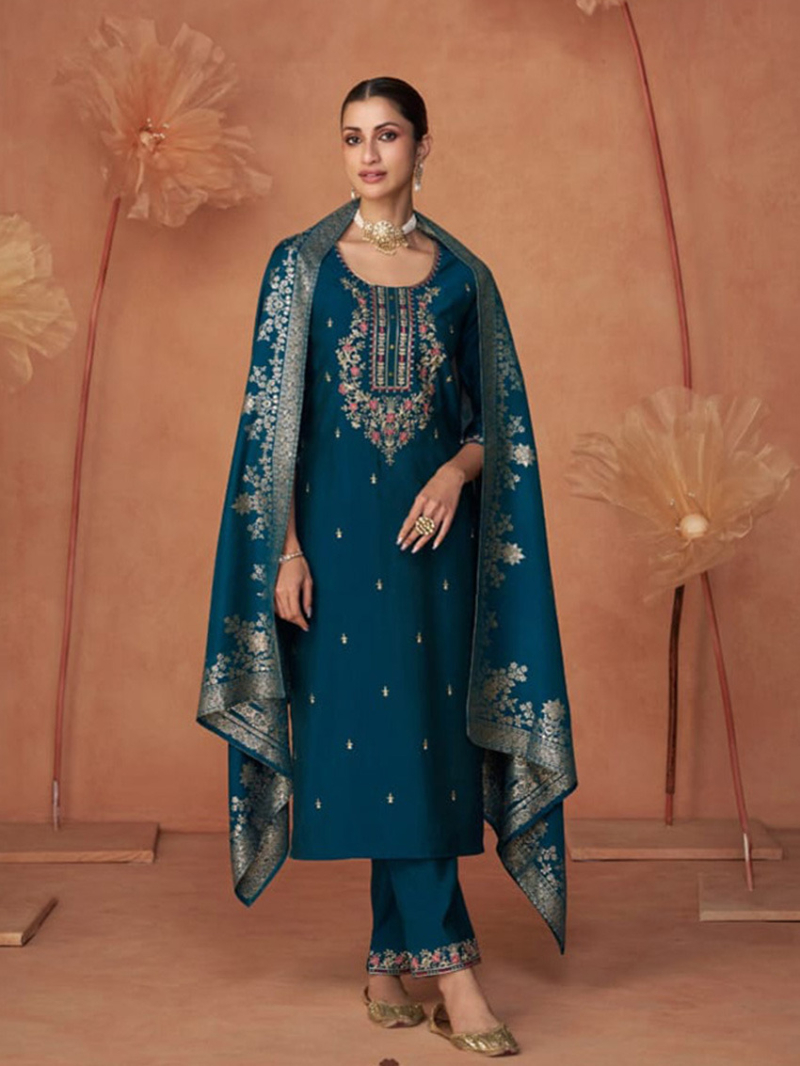 Elegant Teal Blue Embroidered Viscose Suit 