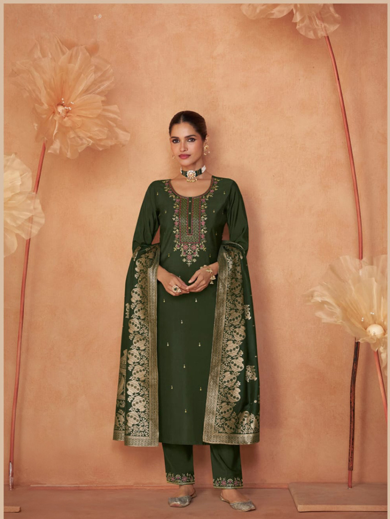 Elegant Mehendi Green Embroidered Straight Suit