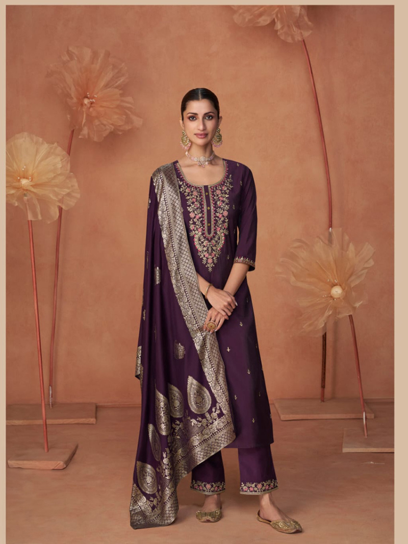 Elegant Wine Embroidered Straight Suit
