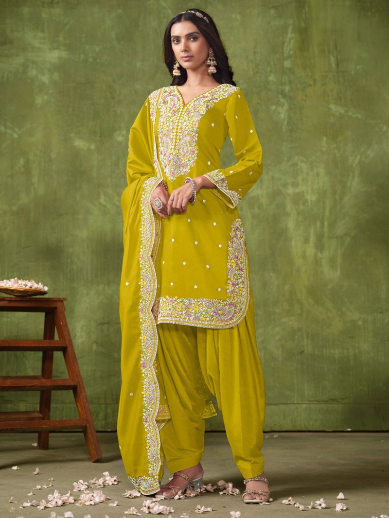 Elegant Ethnic Lemon Yellow Chanderi Patiala Suit 