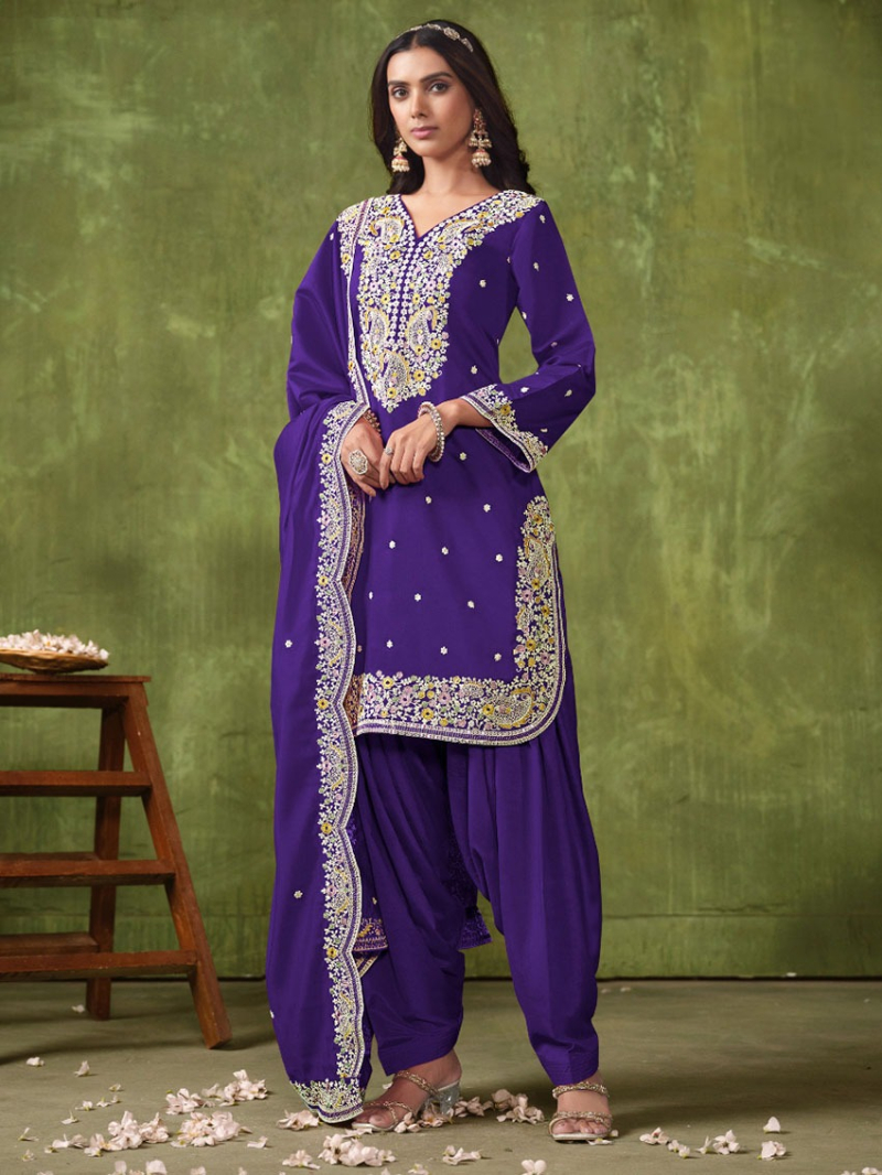 Elegant Ethnic Royal Purple Chanderi Patiala Suit 
