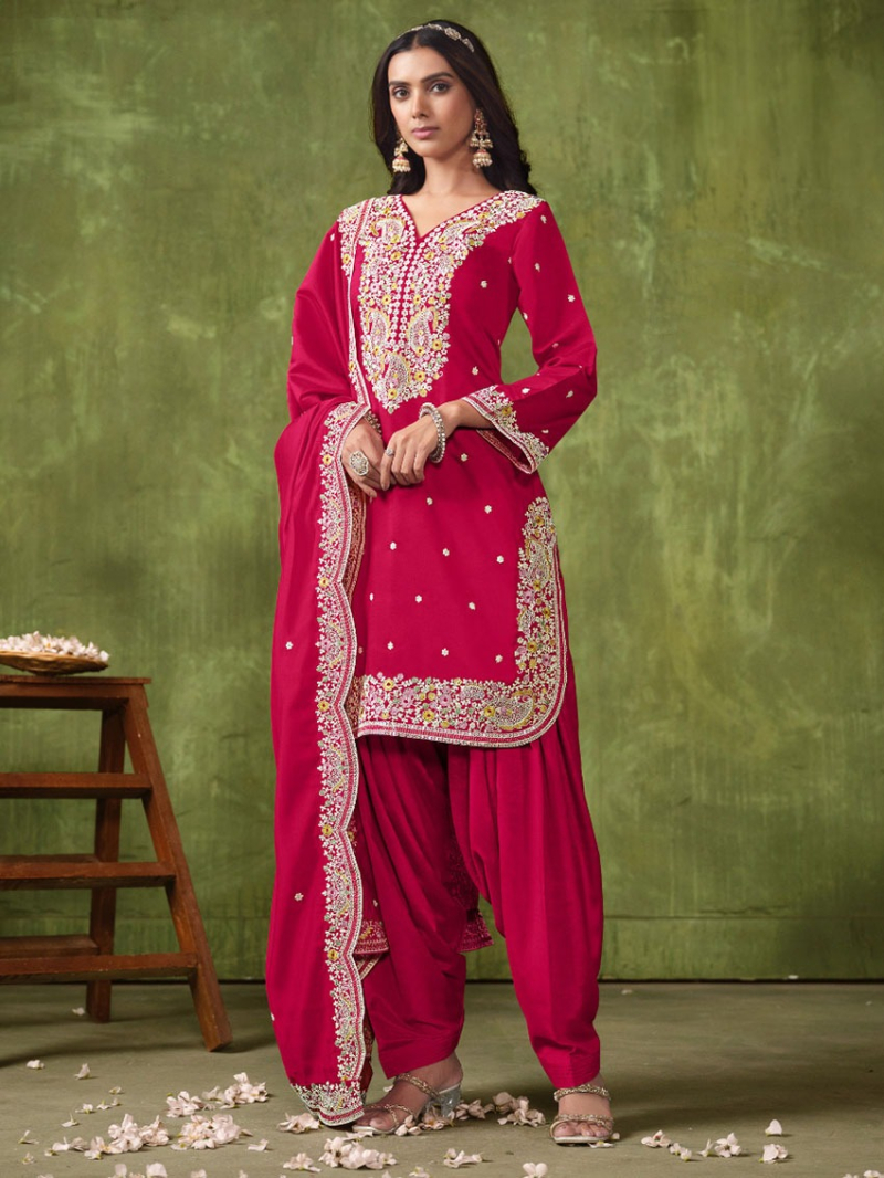Elegant Ethnic Festive Raspberry Chanderi Patiala Suit 