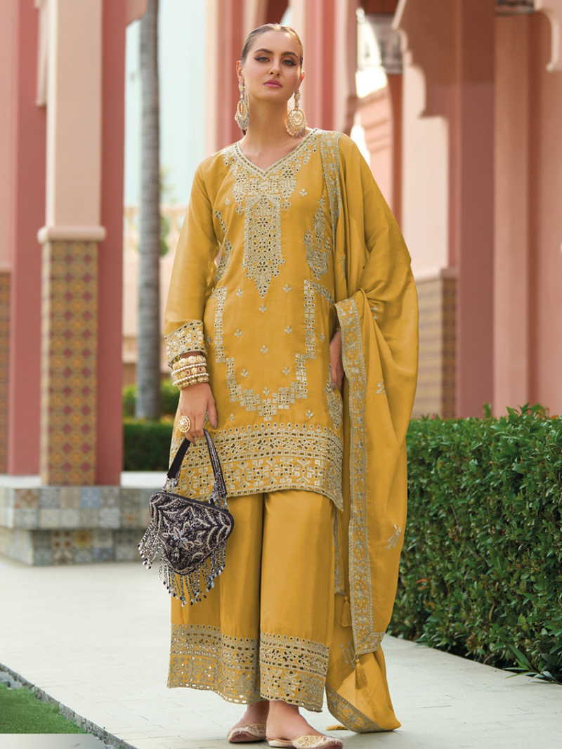 Ethnic Golden Mustard Mirror Work  Plazo Suit