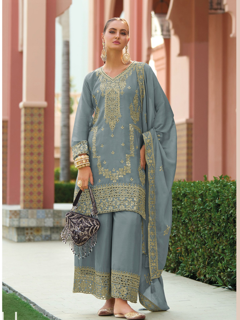 Elegant Ethnic Festive  Grey Mirror Work Plazo Suit
