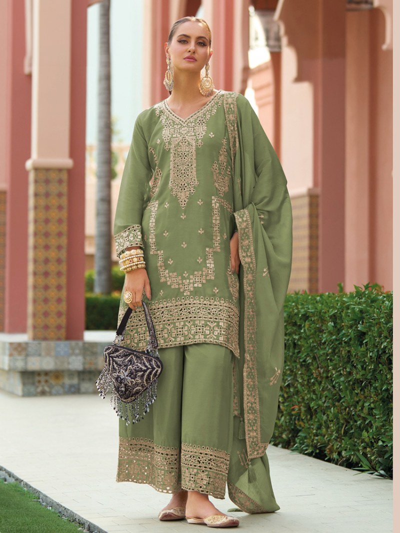 Ethnic Festive  Olive Green Mirror Work Plazo Suit