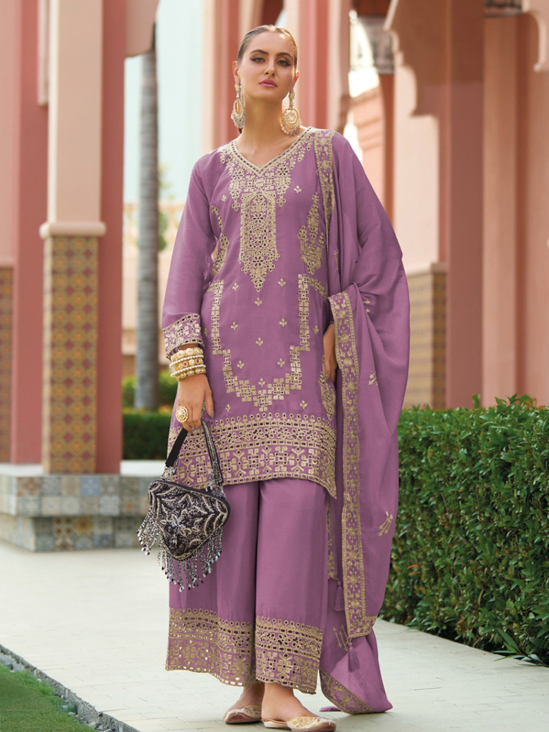 Elegent  Ethnic Purple  Mirror Work Plazo Suit
