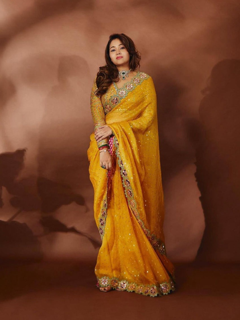 Elegant Ethnic Designer Mustard Georgette Saree