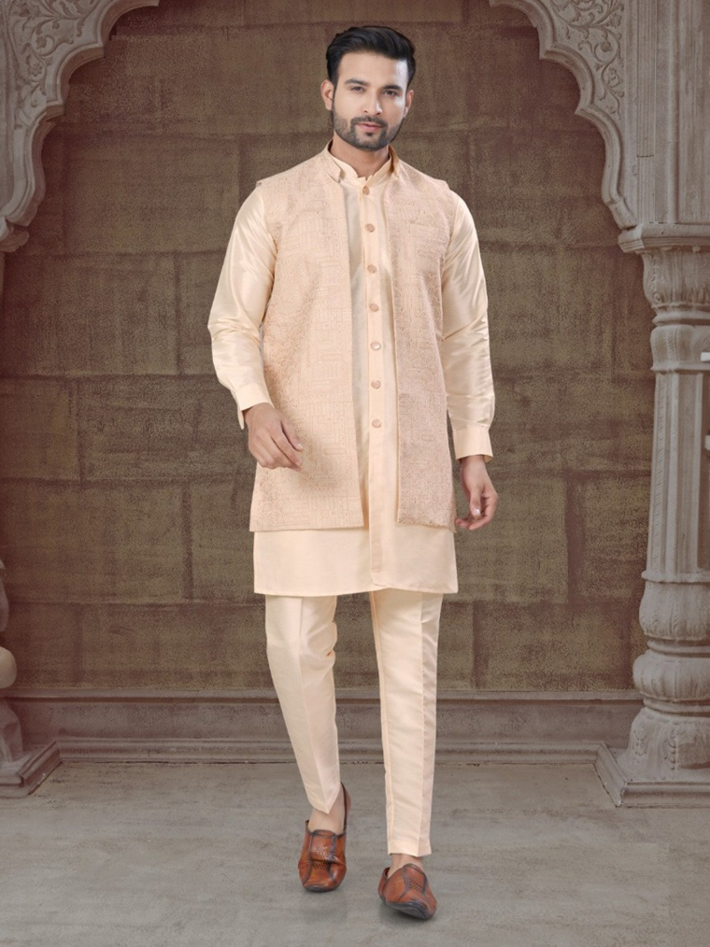 Elegant Ethnic Festive Pure Silk  Beige Kurta Pajama Set