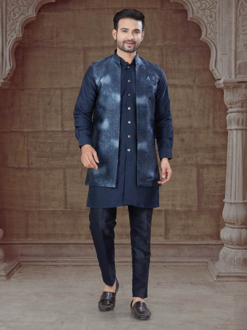 Ethnic Festive  Pure Silk Navy Blue Kurta Pajama Set