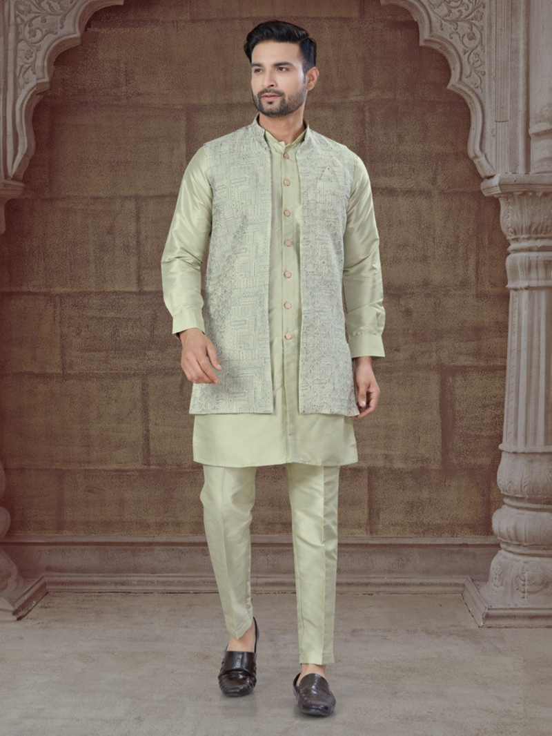 Ethnic Festive Pure Sillk  Pista Green Kurta Pajama Set